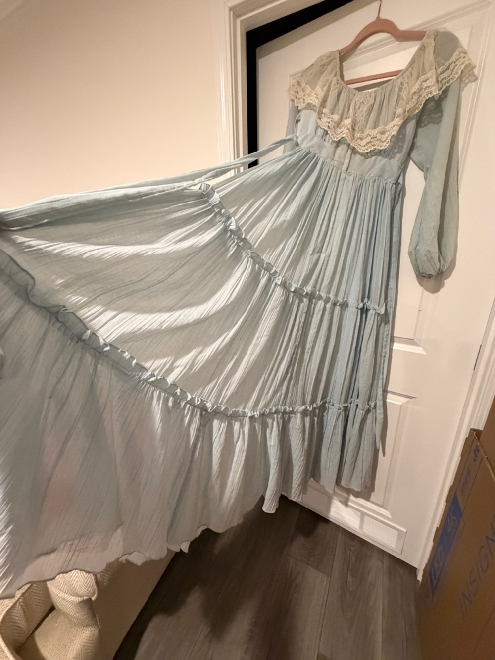 VINTAGE GUNNE SAX LIGHT BLUE PRAIRIE MAXI DRESS LACE BOHO COTTAGECORE WEDDING - Picture 8 of 16